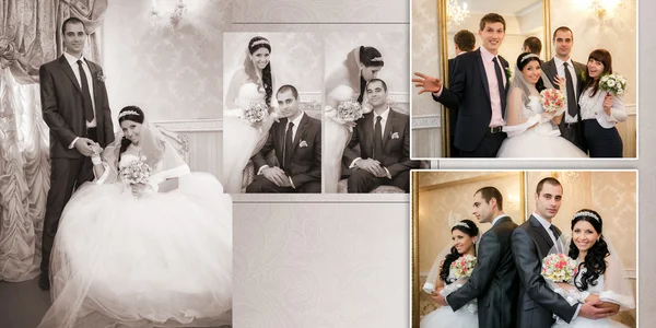 Felice sposo, sposa, sposo e damigella d'onore stand vicino a uno specchio — Foto Stock