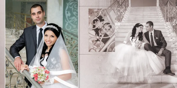 Lyckliga bruden och brudgummen på främre trappa — Stockfoto