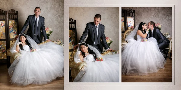 La sposa si siede su una sedia e lo sposo si trova vicino allo sposo nella stanza con un bellissimo interno — Foto Stock