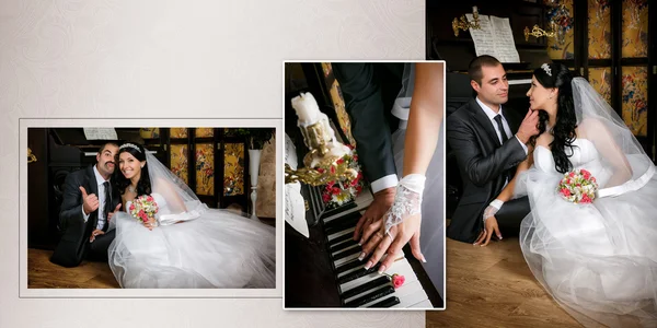 Jeune beau couple assis sur le sol près du piano à queue dans la chambre — Photo