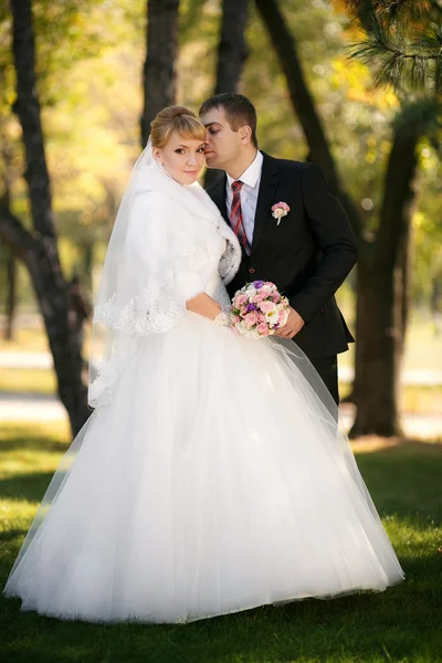 Noivo e a noiva no parque de outono — Fotografia de Stock