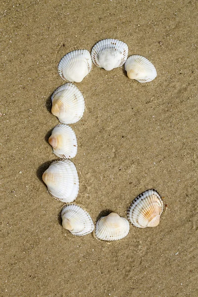 Alfabeto feito usando conchas do mar sobre fundo de areia sem costura — Fotografia de Stock