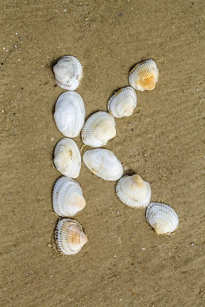 Alfabet gemaakt met behulp van zeeschelpen op naadloze zand achtergrond — Stockfoto