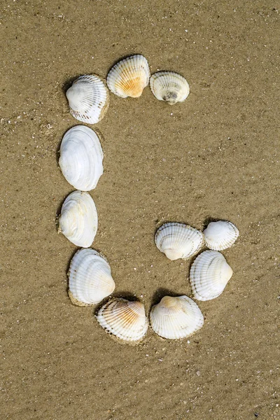 Alfabeto fatto con conchiglie di mare su fondo di sabbia senza soluzione di continuità — Foto Stock