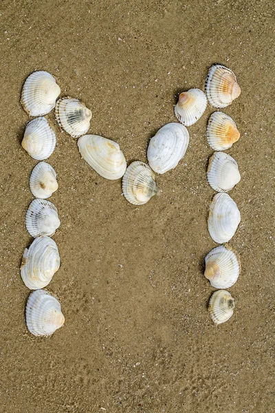 Alfabeto fatto con conchiglie di mare su fondo di sabbia senza soluzione di continuità — Foto Stock