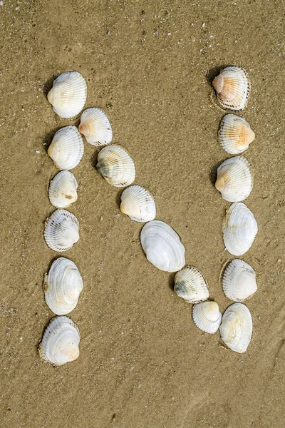 Alfabet framstilt ved hjelp av havskjell på sømløs sandbakgrunn – stockfoto
