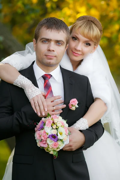 Lo sposo e la sposa in passeggiata di parco di autunno vicino a alberi con foglie gialle — Foto Stock