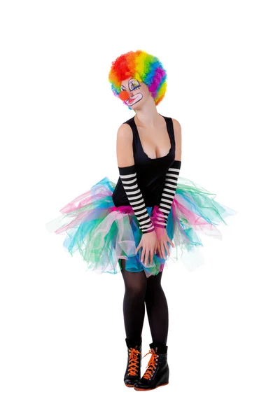 Ragazza in parrucca clown isolato su bianco — Foto Stock