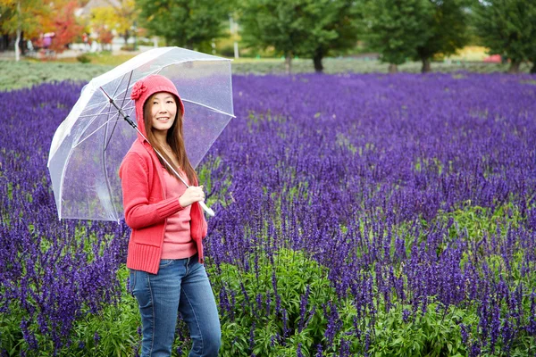 Žena s deštníkem na Tomita levandule Farm, Hokkaido — Stock fotografie