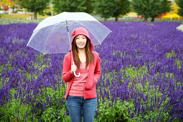 Vrouw met paraplu op Tomita Lavender Farm, Hokkaido Stockfoto