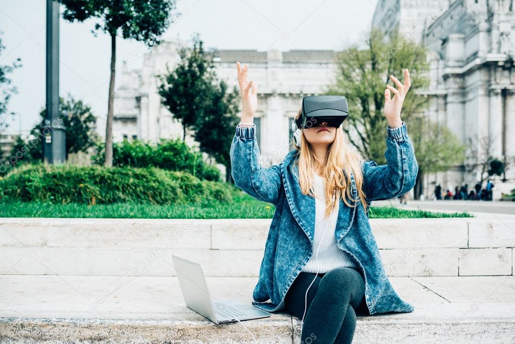 businesswoman using 3D viewer