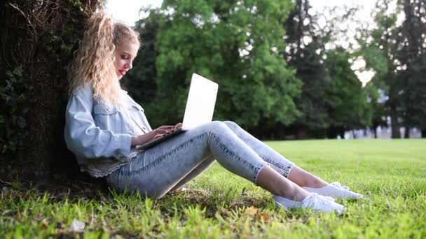 Vrouw in stadspark met behulp van een computer — Stockvideo