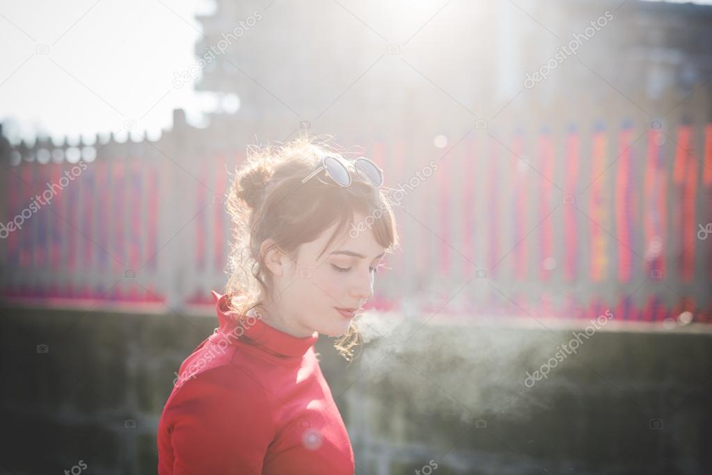 young beautiful red dressed woman