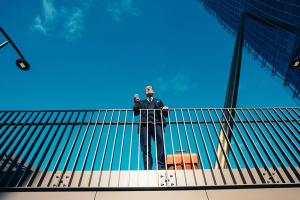 Επιχειρηματίας που ακουμπά στα κάγκελα κρατώντας smartphone — Φωτογραφία Αρχείου