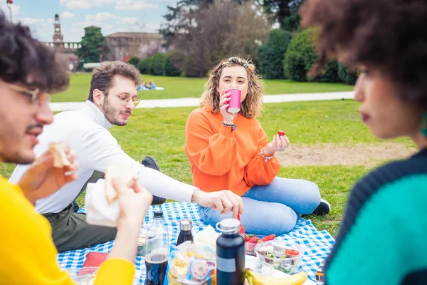 Vier Junge Studenten Multiethnische Freunde Freien Beim Picknick Einem Park — Stockfoto