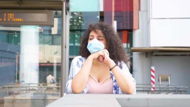 Mixed Race Woman Outdoor City Protecting Corona Virus Wearing Medical — Stock Video