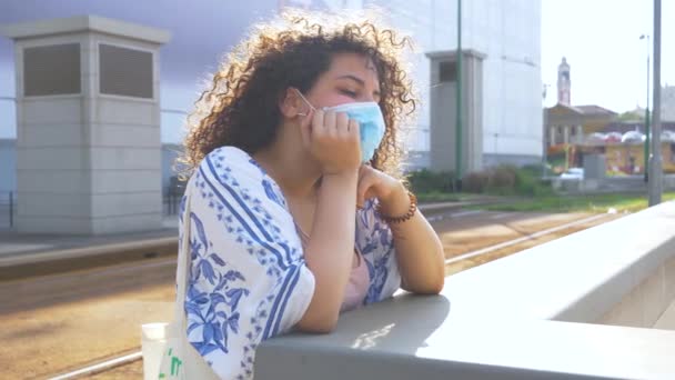 Slow Motion Portrait Mixed Race Woman Outdoor City Protecting Corona — Stock Video