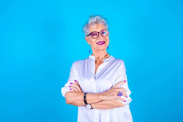 Friendly Old Woman Expressing Positive Emotions Posing Isolated Smiling Camera — Stock Photo, Image