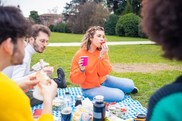 Cuatro Amigos Multiétnicos Haciendo Picnic Parque Grupo Divirtiéndose Celebrando Comiendo — Foto de Stock