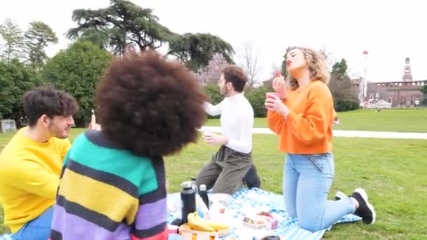 Slow Motion Czterech Wesołych Przyjaciół Różnorodne Multiethnic Zabawy Robi Piknik — Wideo stockowe