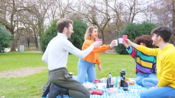 Slow Motion Grupo Amigos Tostadas Multiétnicas Teniendo Picnic Aire Libre — Vídeos de Stock