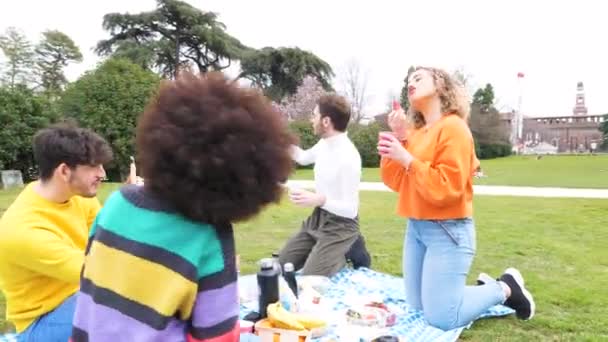 Quatro Jovens Estudantes Multi Amigos Étnicos Livre Fazendo Piquenique Parque — Vídeo de Stock