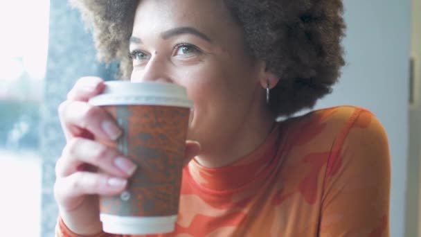 Giovane Bella Capelli Ricci Donna Nera Seduta Caffetteria Bere Tazza — Video Stock