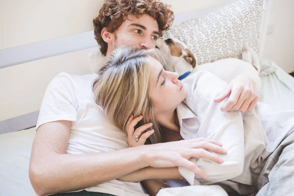 Young Couple Love Hugging Bedroom — Stock Photo, Image