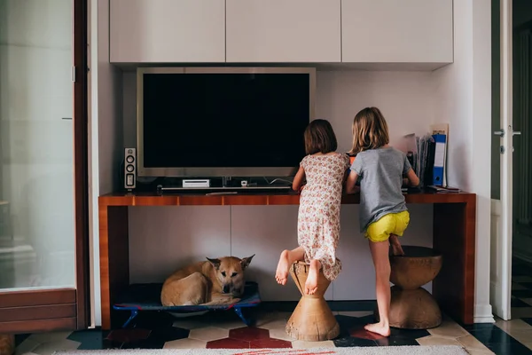 Vista Posteriore Due Sorelle Femmine Bambini Casa — Foto Stock