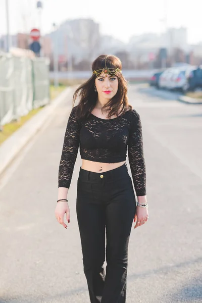 Young Beautiful Woman Walking Outdoor City Street Confident — Stock Photo, Image