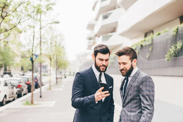 Youn Bearded Contemporary Businessman Using Smart Phone Watching Video Checking — Stock Photo, Image