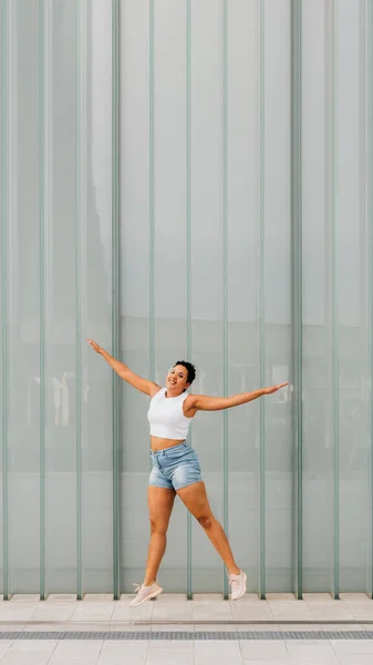 Young Mixed Race Woman Outdoor Jumping Celebrating Success Feeling Free — Stock Photo, Image