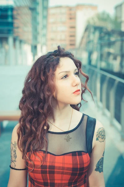 Young beautiful hipster woman with red curly hair — Stock Photo, Image