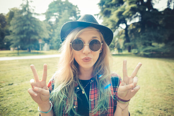 beautiful young blonde hair woman hipster