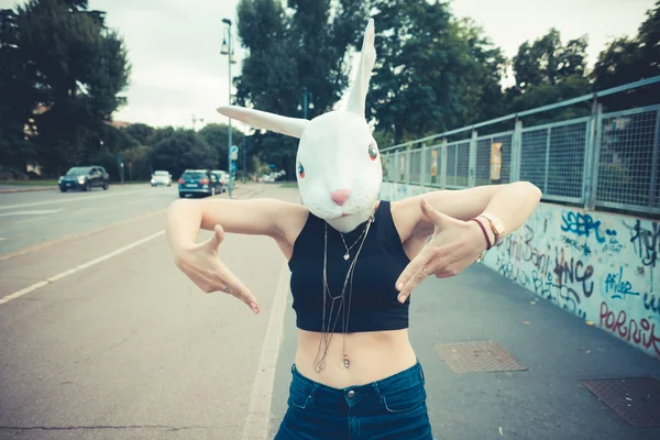 Rabbit mask woman abusrd unreal — Stock Photo, Image