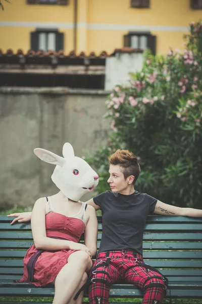 Young lesbian stylish hair style woman rabbit mask — Stock Photo, Image
