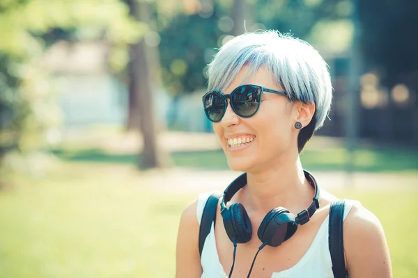 Hipster woman with headphones music — Stock Photo, Image