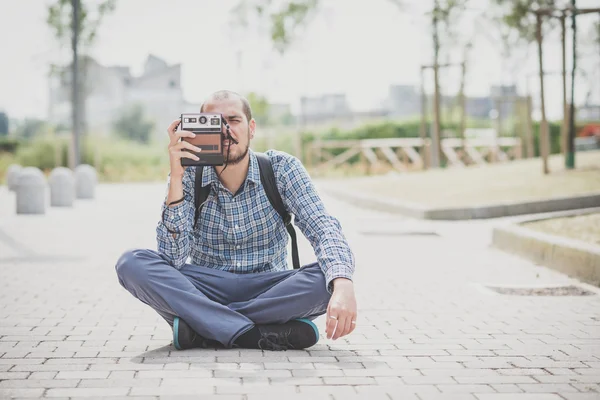 Handsome hipster casual multitasking modern man with vintage cam — Stock Photo, Image