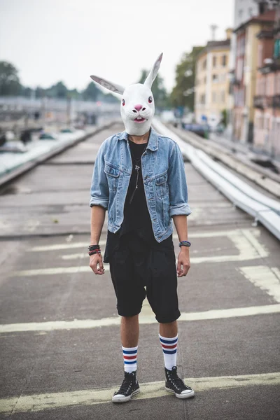 Rabbit mask young handsome bearded hipster man — Stock Photo, Image