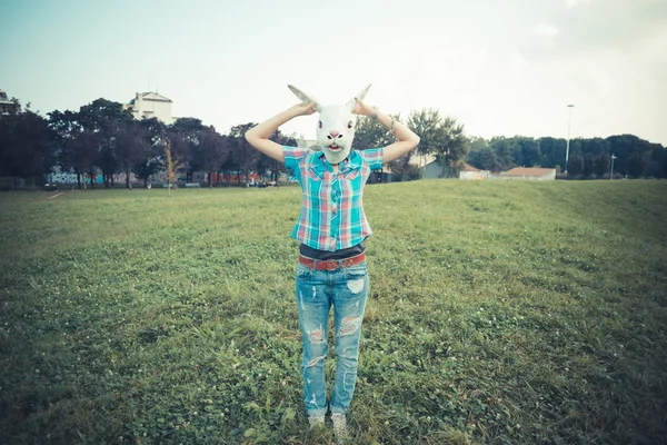 Rabbit mask absurd beautiful young hipster woman — Stock Photo, Image