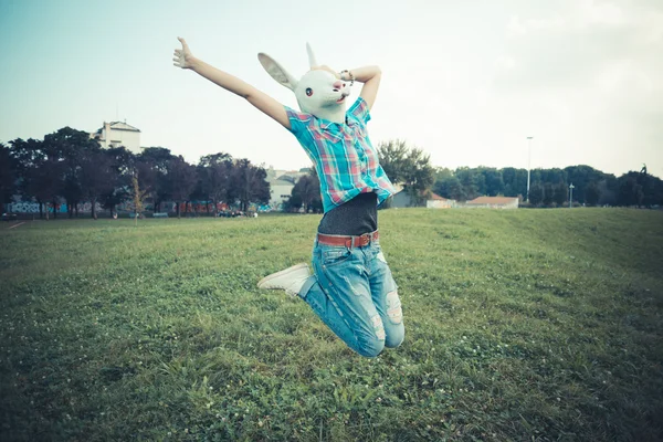 Rabbit mask absurd beautiful young hipster woman — Stock Photo, Image