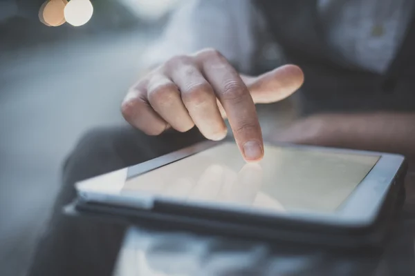 Handsome big moustache hipster man using tablet Stock Photo