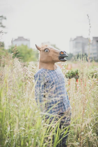 Абсурдный человек в маске лошади — стоковое фото