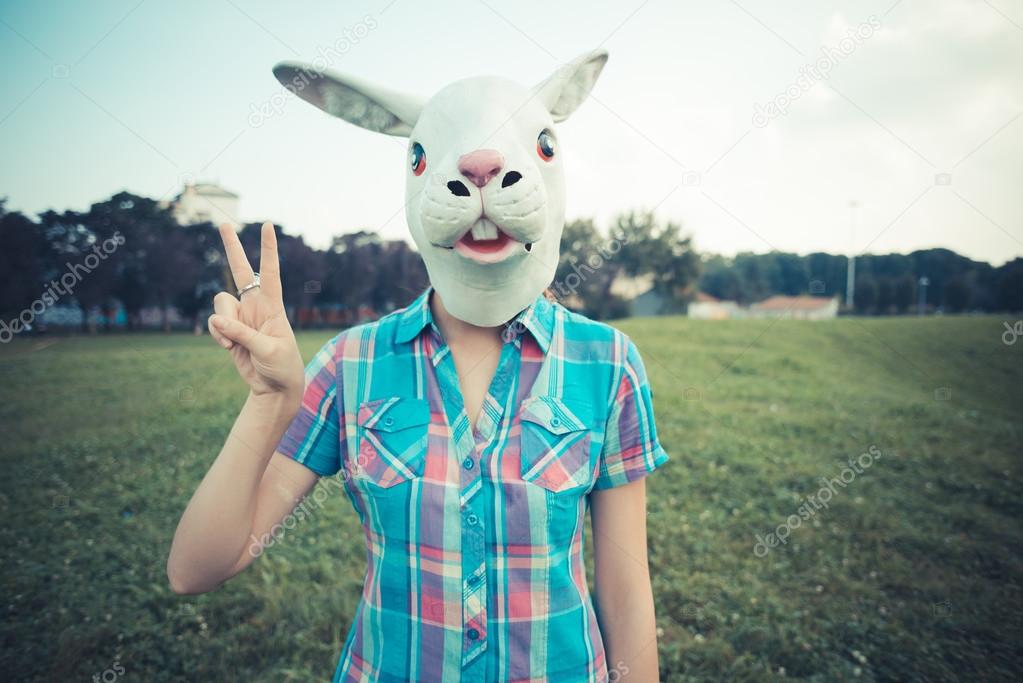 rabbit mask absurd beautiful young hipster woman