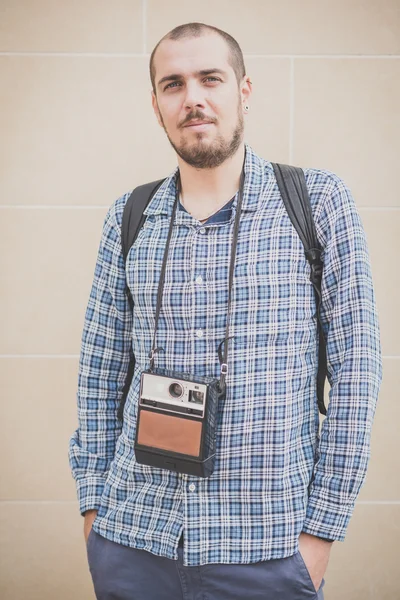 Modern man with vintage camera — Stock Photo, Image