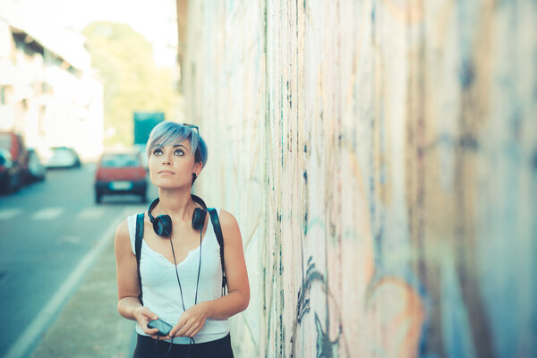 Blue hair hipster woman