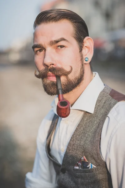 Handsome big moustache hipster man — Stock Photo, Image