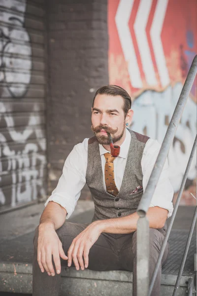 Handsome big moustache hipster man — Stock Photo, Image