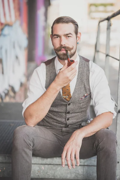 Handsome big moustache hipster man — Stock Photo, Image