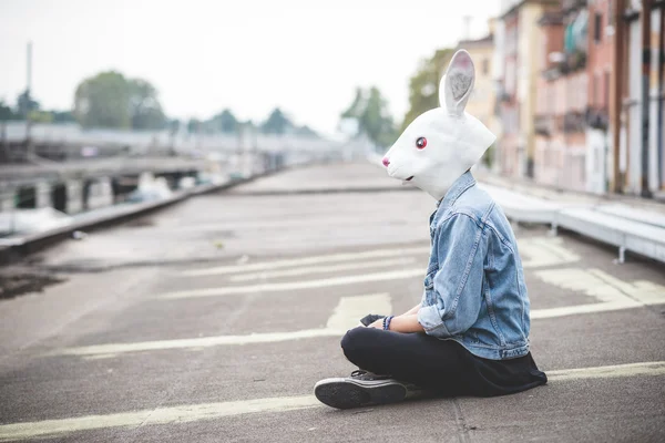 Rabbit mask young handsome bearded hipster man — Stock Photo, Image